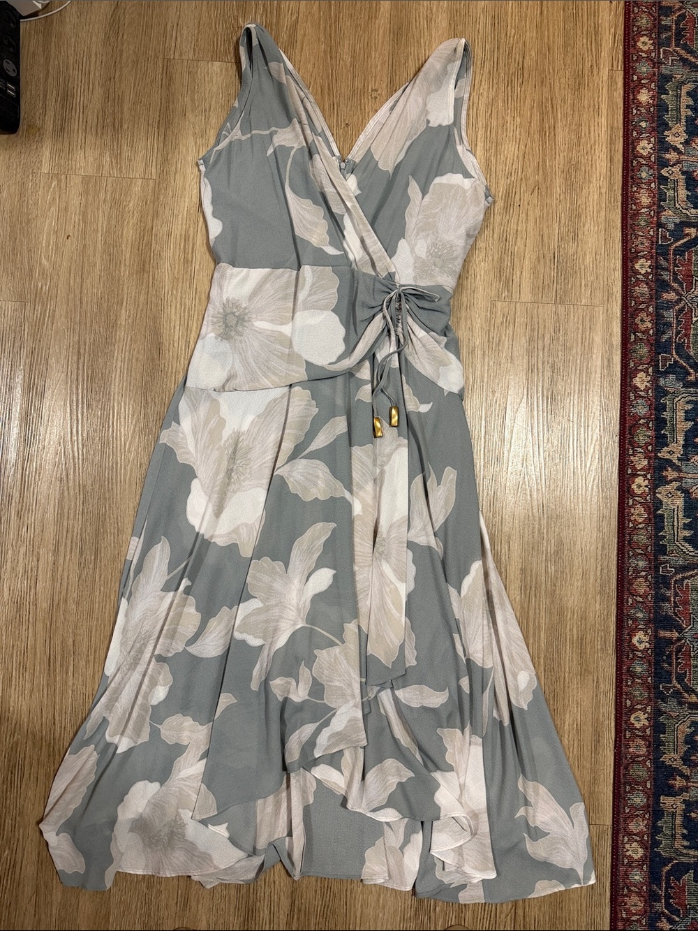 Donna Karan Floral Wrap Midi Dress in Dusty Blue and Cream Size 14